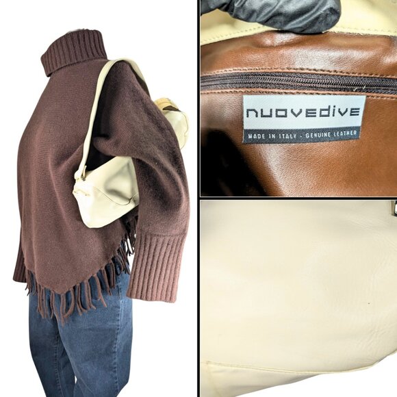 Nuovedive Ivory Italian Calfskin Leather Y2K Crescent Barrel Zip Shoulder Bag - Picture 9 of 9